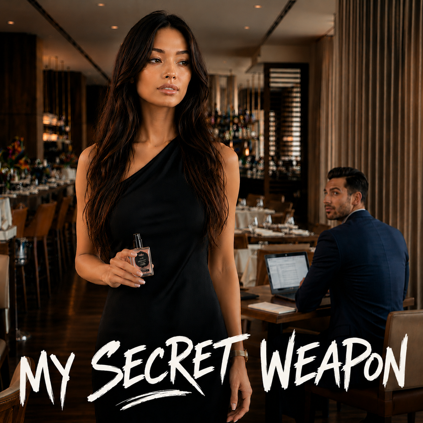 Muse Pheromone Perfume — My Secret Weapon. Woman in elegant black dress holding the bottle in an upscale restaurant.